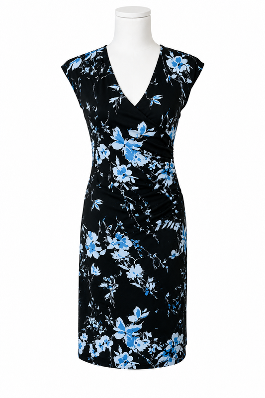 A sleeveless black wrap-style dress with a blue floral print, displayed on a white mannequin torso against a plain white background.