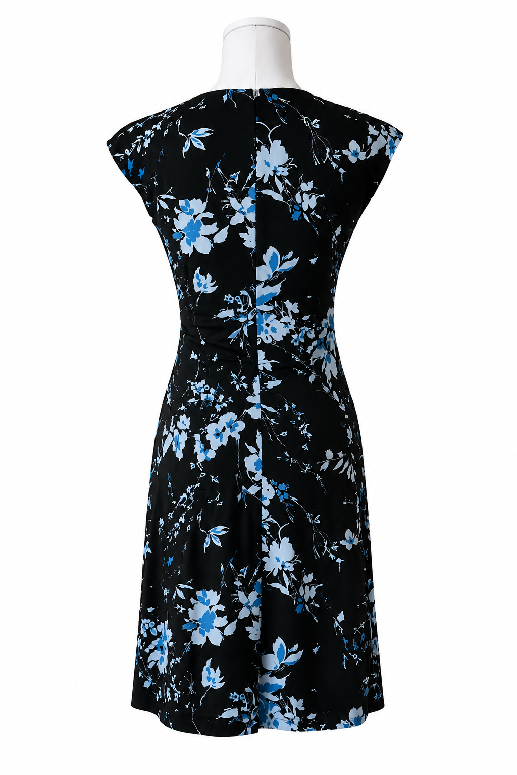W Wrapper Black Blue Floral Faux Wrap Dress V-Neck Ruched Open Wrap Skirt