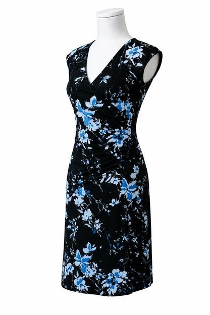 W Wrapper Black Blue Floral Faux Wrap Dress V-Neck Ruched Open Wrap Skirt
