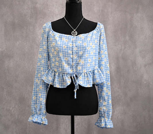 Crave Fame Blouse Women Sz L Style Peri Combo Light Blue Plaid Floral NWT