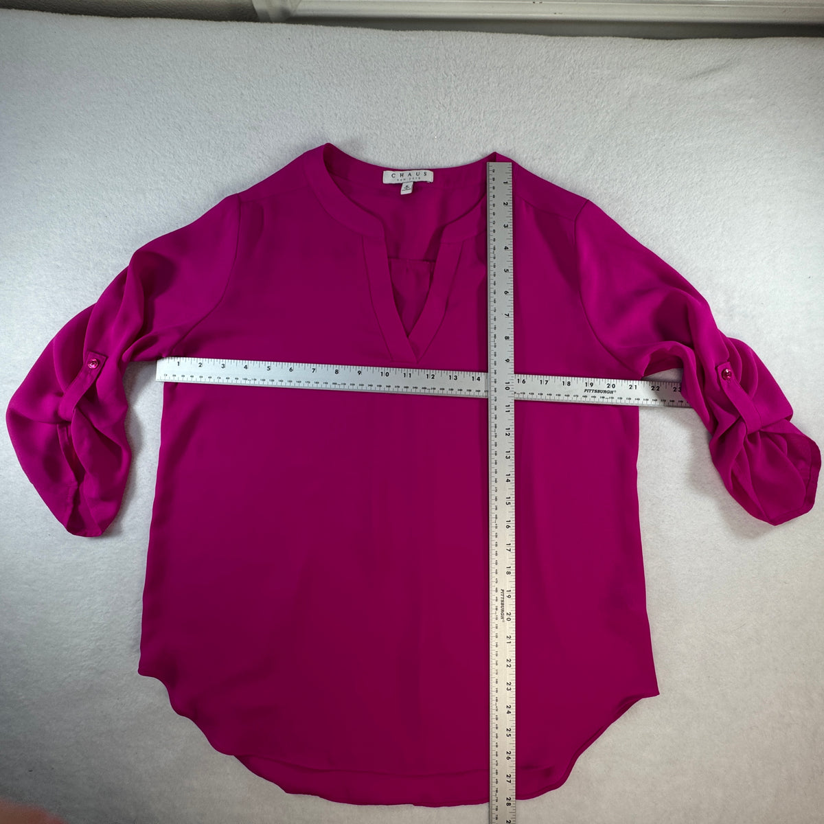 Chaus New York Women's Fuchsia Magenta Roll Tab Sleeve Blouse Size M