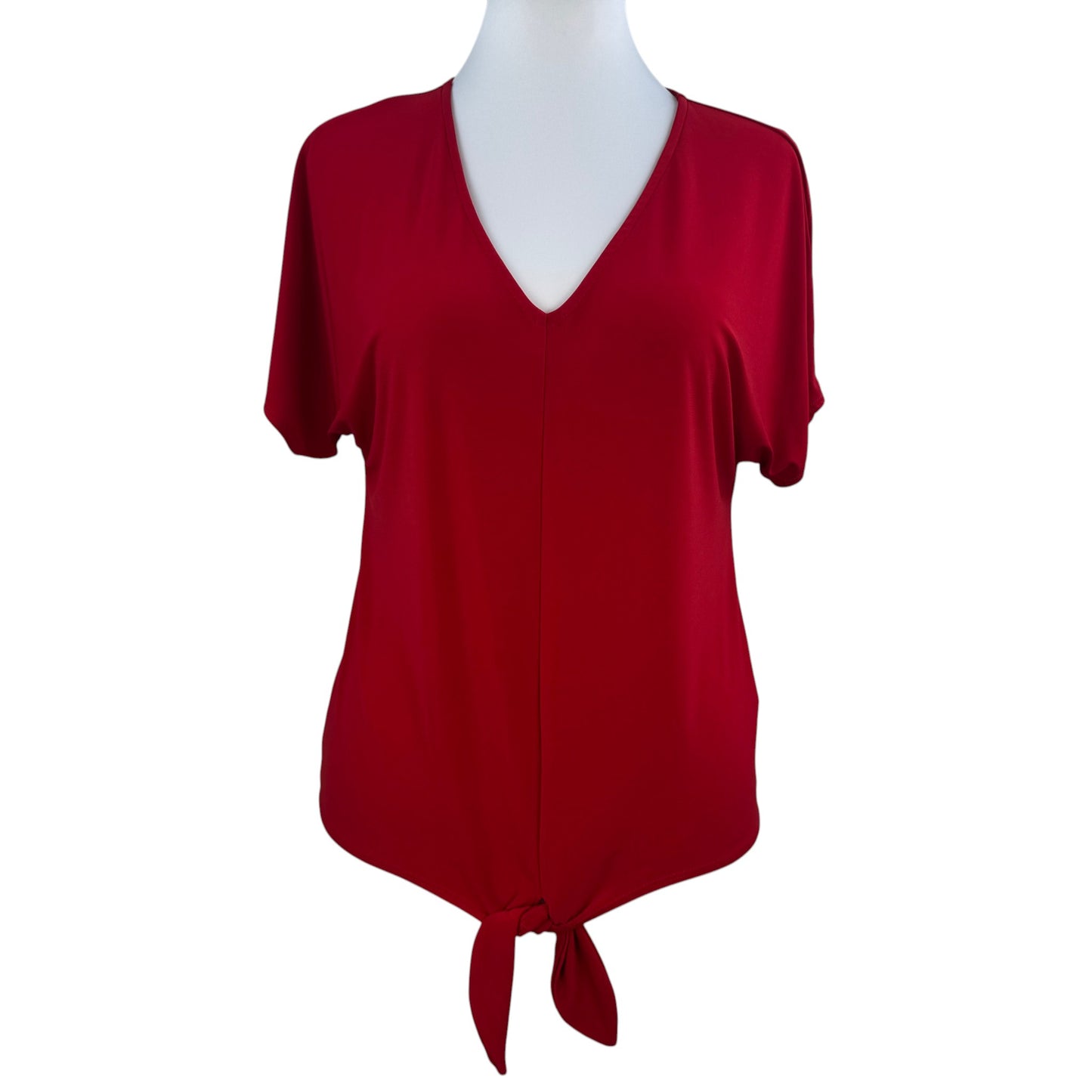 Chaus Red Tie Front Top Women's Medium V-Neck Stretch Short Sleeve Casual Blouse