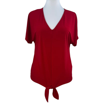 Chaus Red Tie Front Top Women's Medium V-Neck Stretch Short Sleeve Casual Blouse