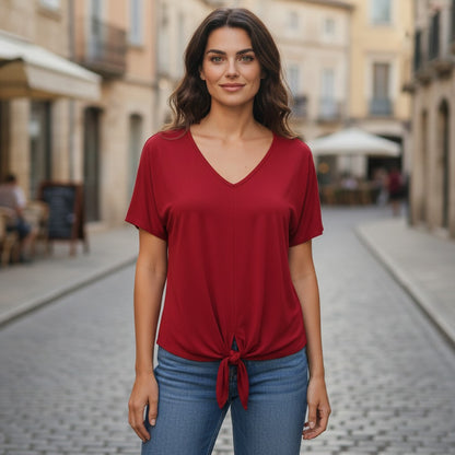 Chaus women's red tie knot front V-neck top in size Medium with short sleeves and stretch fabric in excellent used condition.