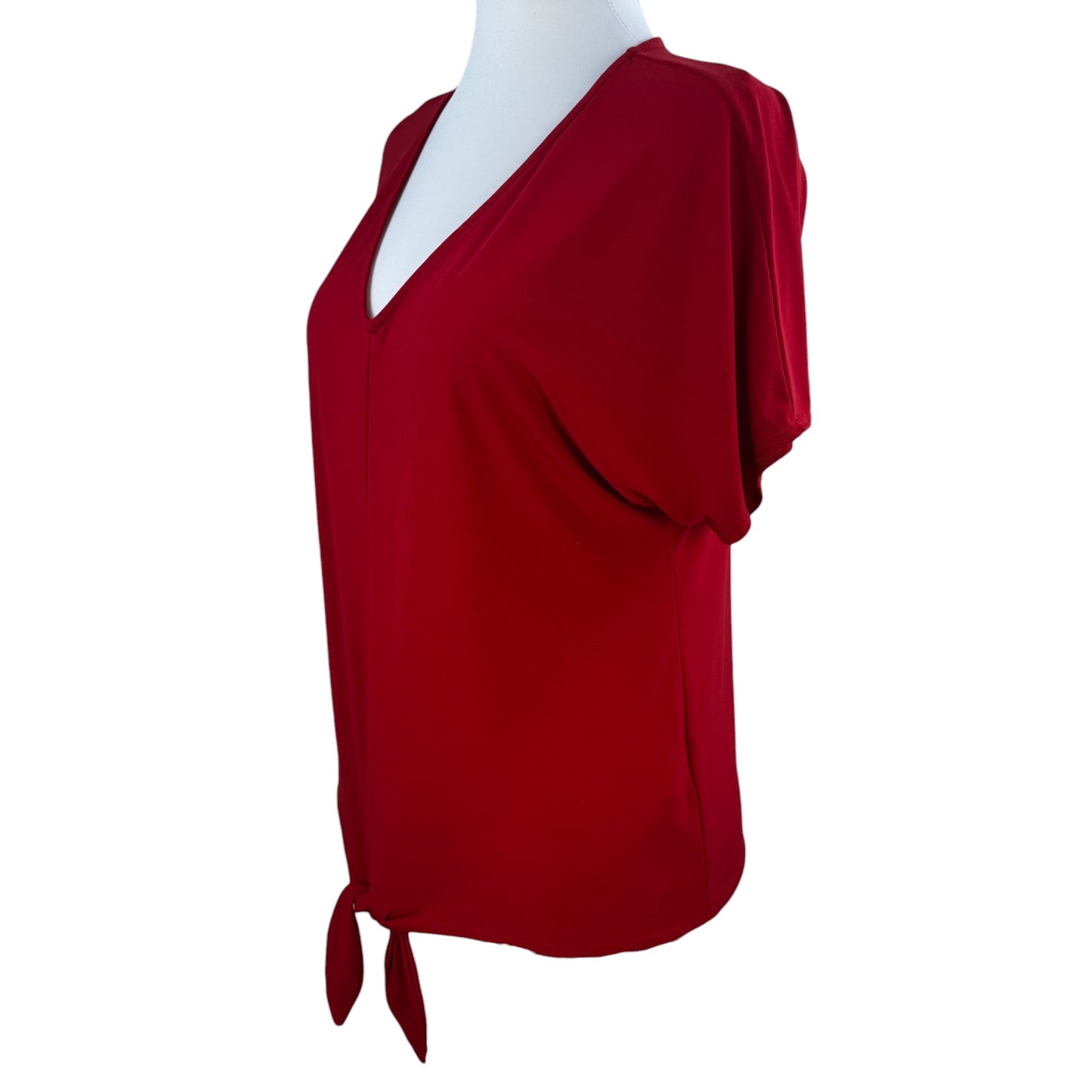 Chaus Red Tie Front Top Women's Medium V-Neck Stretch Short Sleeve Casual Blouse
