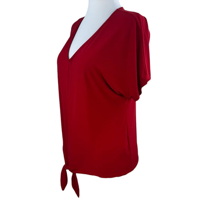 Chaus Red Tie Front Top Women's Medium V-Neck Stretch Short Sleeve Casual Blouse