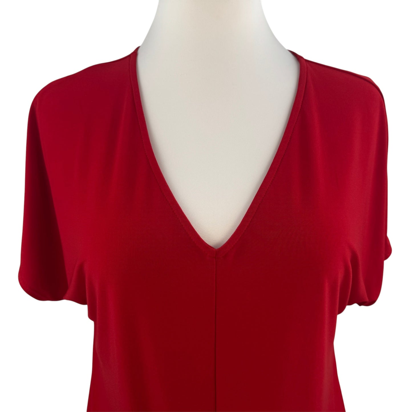Chaus Red Tie Front Top Women's Medium V-Neck Stretch Short Sleeve Casual Blouse