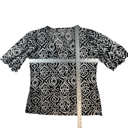 Chico's Black White Print V-Neck Top Size 1 Plus 3/4 Flare Sleeve Stretch Blouse