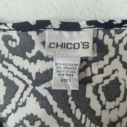 Chico's Black White Print V-Neck Top Size 1 Plus 3/4 Flare Sleeve Stretch Blouse