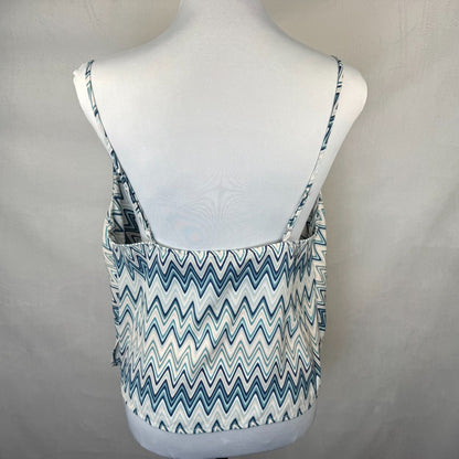 Back view of Forever 21 Blue and white zigzag patterned tank top on a mannequin against a plain background