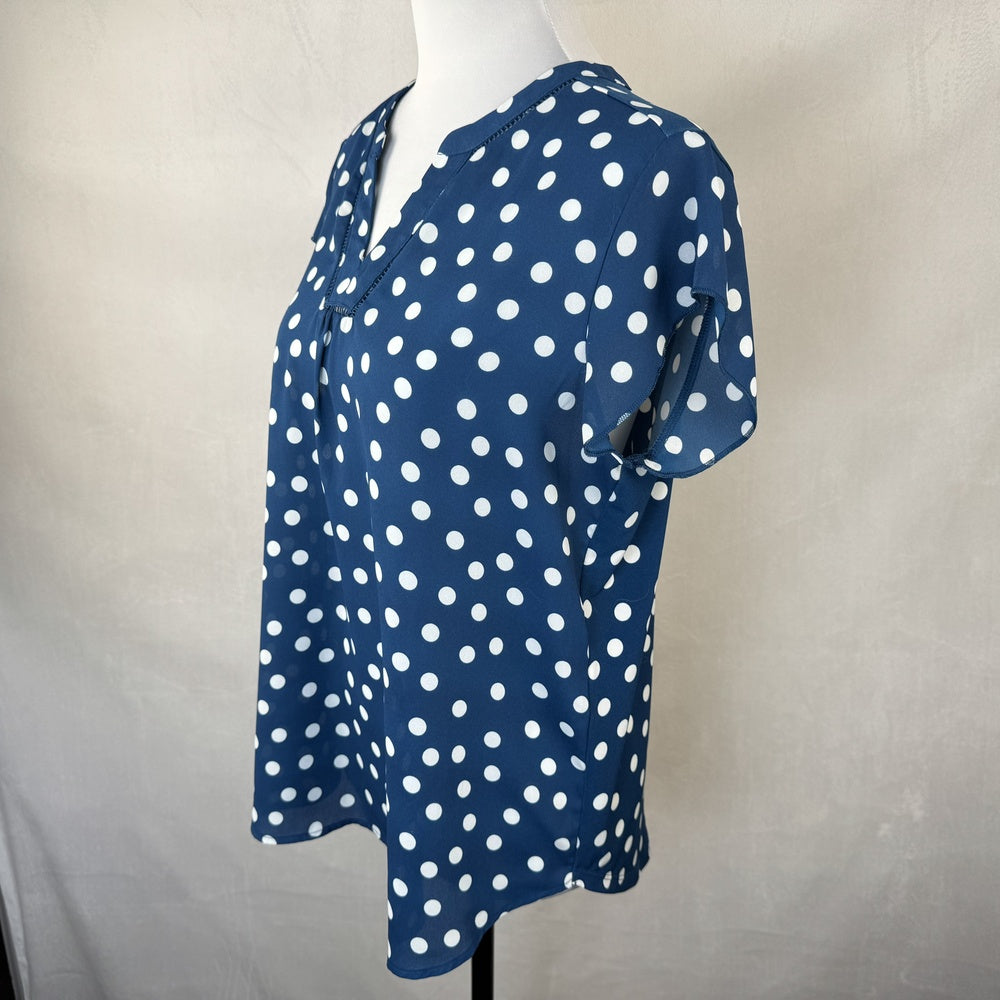 Side view hawthorn 41 women's blue blouse, size M