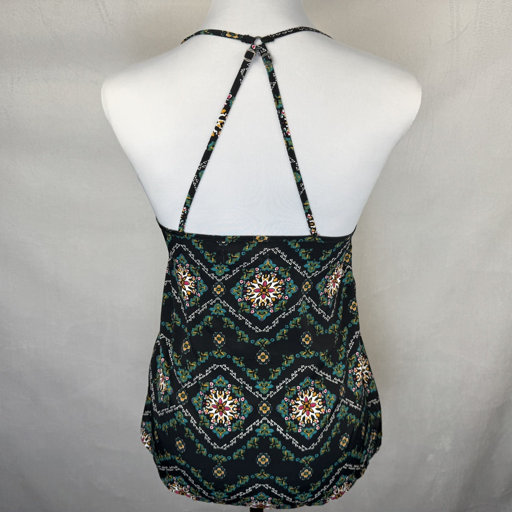 Back view of a Hollister black patterned halter top on a mannequin against a plain background