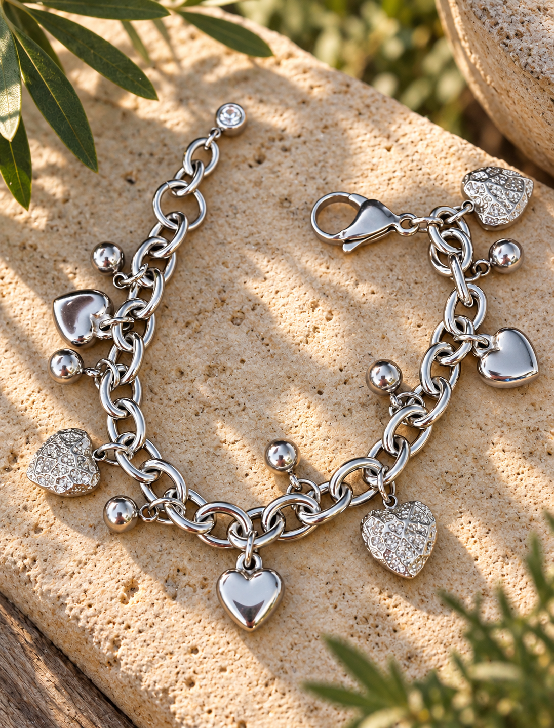 A silver heart charm bracelet with a link chain, featuring multiple polished and textured heart charms, displayed on a textured stone surface with natural green leaves.