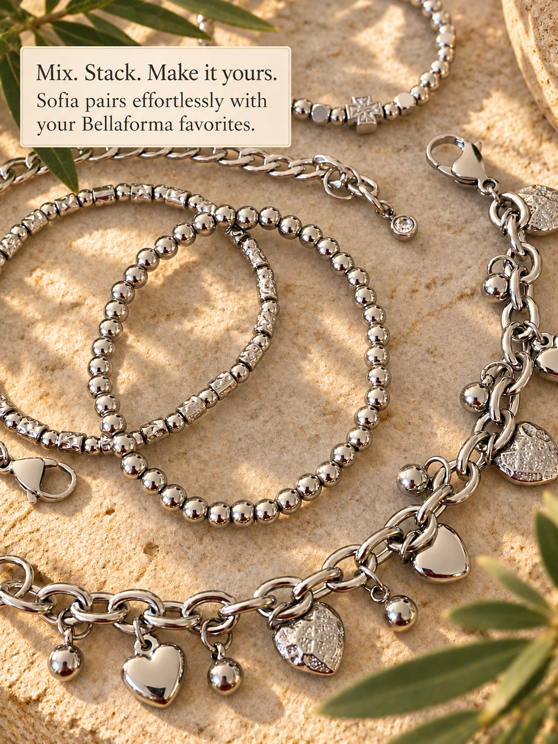 Sofia Heart Silver Stainless Steel Charm Bracelet