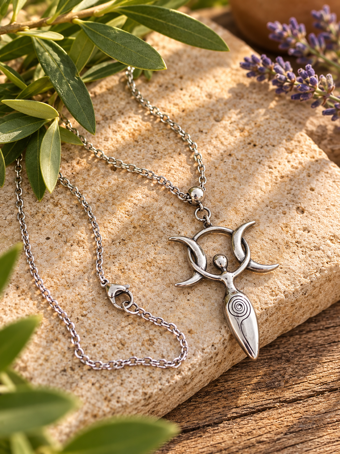 A silver-toned pendant necklace with a triple moon goddess design and a central female figure, displayed on a textured stone slab with olive branches and lavender.