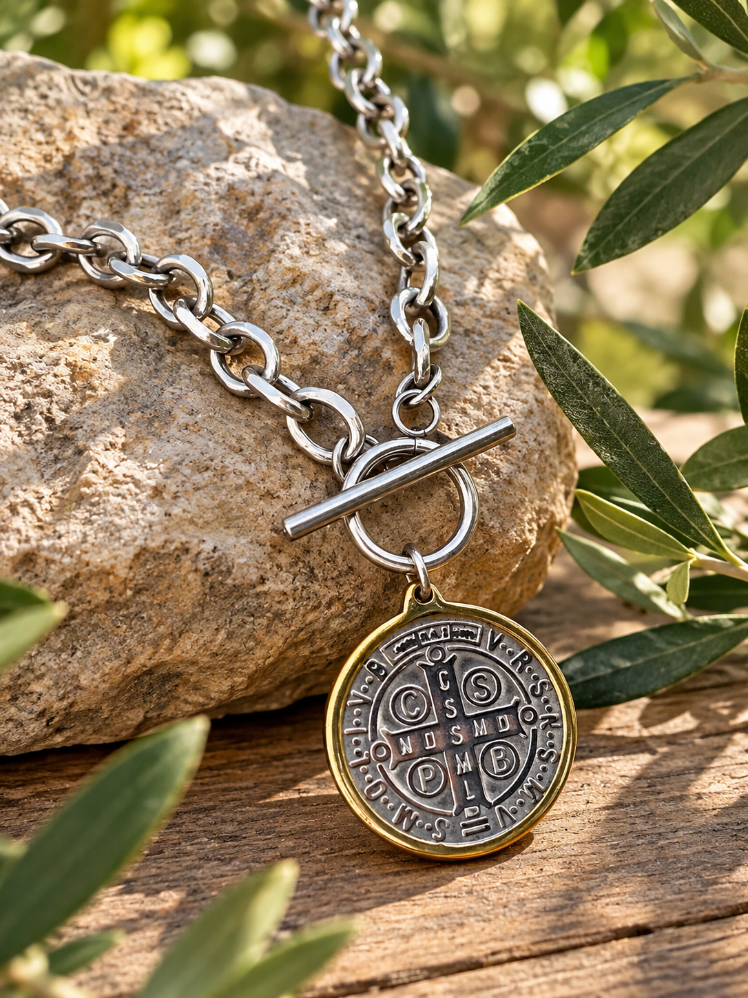 A silver-toned chain necklace with a toggle clasp and a round pendant featuring an engraved circular design, styled on a rock with olive leaves in natural outdoor light.