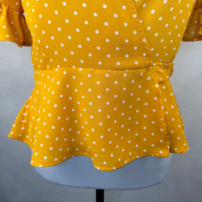 Forever 21 Blouse Sz M Peplum Wrap Polka Dot Ruffle Sleeve Butterscotch