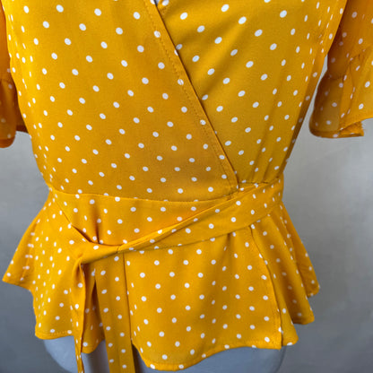 Forever 21 Blouse Sz M Peplum Wrap Polka Dot Ruffle Sleeve Butterscotch