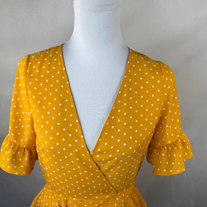 Forever 21 Blouse Sz M Peplum Wrap Polka Dot Ruffle Sleeve Butterscotch