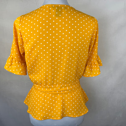 Forever 21 Blouse Sz M Peplum Wrap Polka Dot Ruffle Sleeve Butterscotch