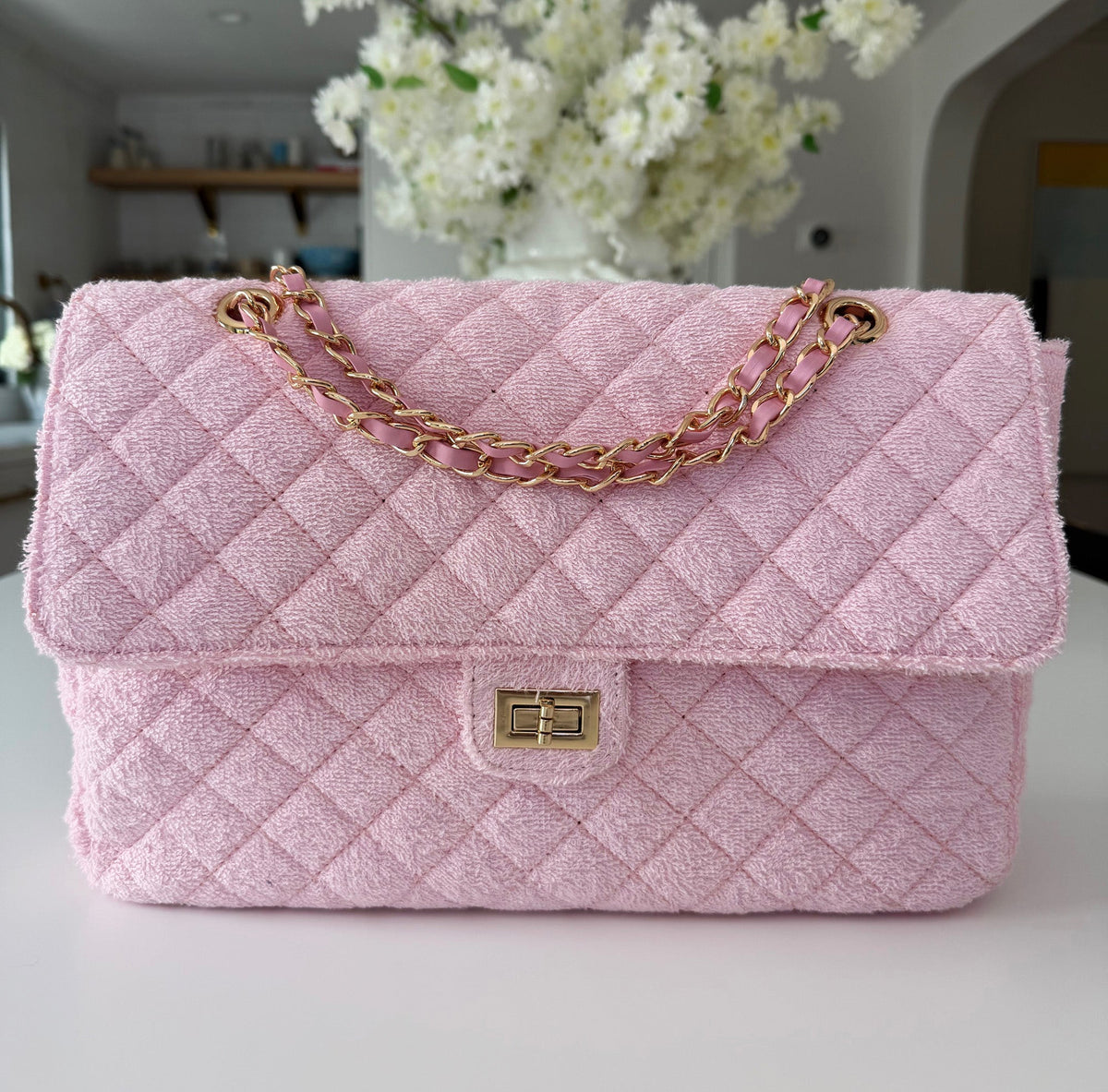BEACH HAUS Medium Shoreline Quilted Terrycloth Flap Bag – Blush Pink