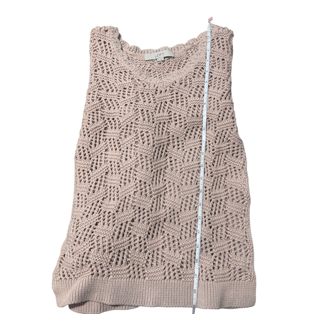 Loft Sweater Sz XS Pullover Open Knit Pale Pink Scalloped VNeck Ribbed waistline