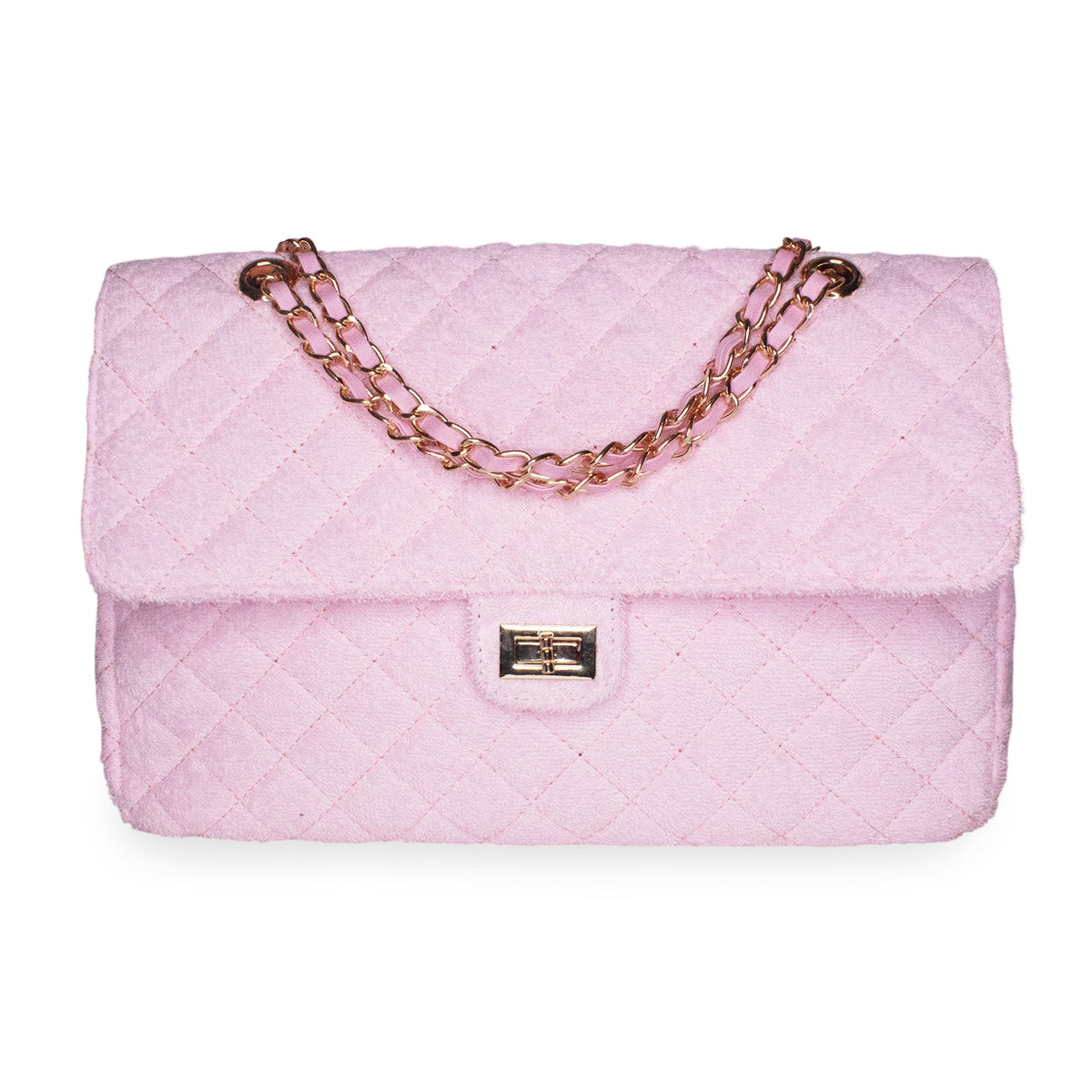 BEACH HAUS Medium Shoreline Flap Bag in blush pink quilted terrycloth with gold chain strap and front flap closure.