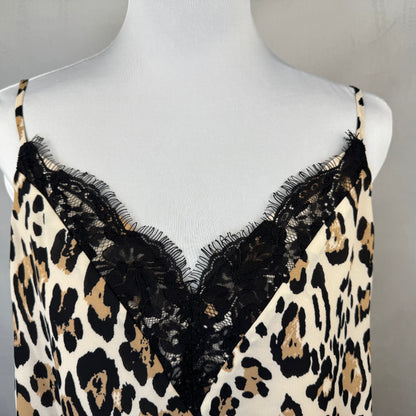 Socialite Tank Cami Sz L Beige V Neck Animal Print Lace Trim Spaghetti Straps