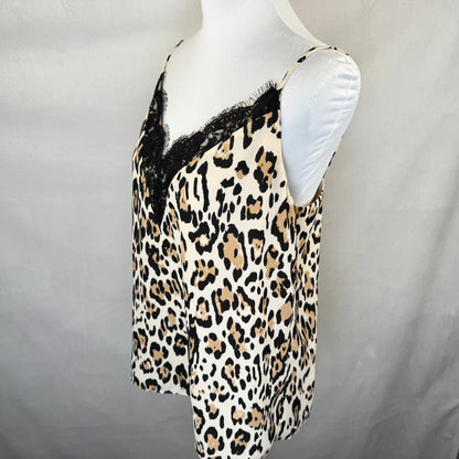 Socialite Tank Cami Sz L Beige V Neck Animal Print Lace Trim Spaghetti Straps