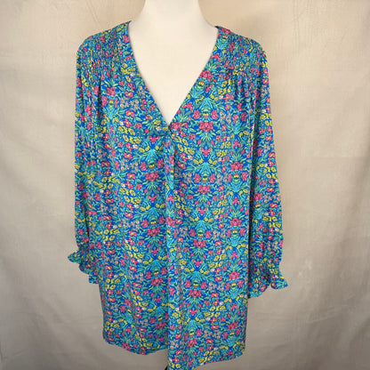 JNY Jones New York NWT Women Sz 2X Floral Top Light Blue Split neck 3/4 Sleeve