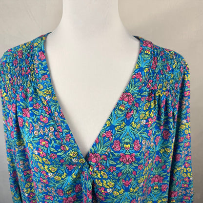 JNY Jones New York NWT Women Sz 2X Floral Top Light Blue Split neck 3/4 Sleeve