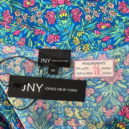 JNY Jones New York NWT Women Sz 2X Floral Top Light Blue Split neck 3/4 Sleeve