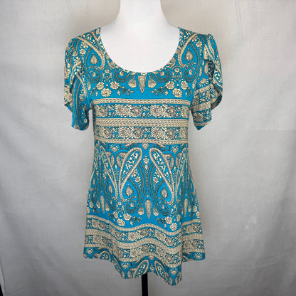 Cathy Ladies Top NWT Sz M Turquoise Paisley Print Scoop Neck Tulip Short Sleeve