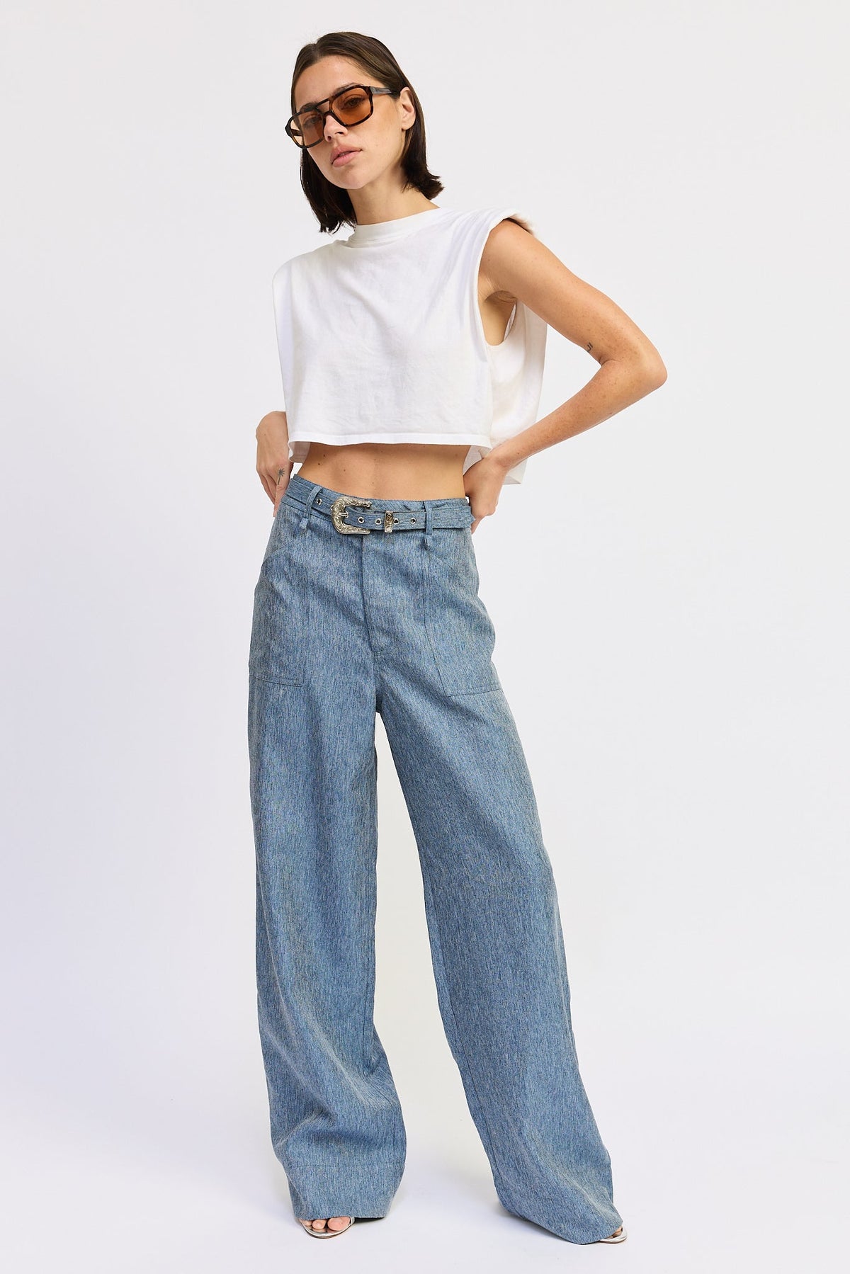 Emory Park Jovie Belted Wide Leg Trousers – Denim Blue Trousers
