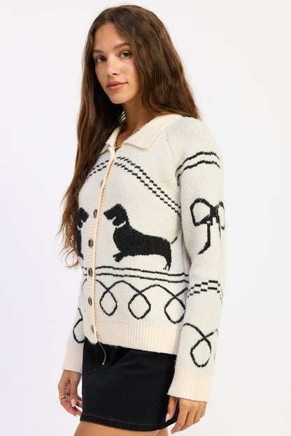 Emory Park Robin Cardigan Women's Ivory Black Dog Motif Button Front