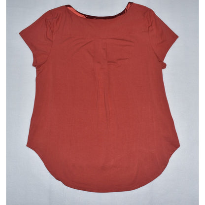 Back View on Joan Vass top in red with satin trim