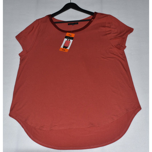 Front View on Joan Vass top in red with satin trim