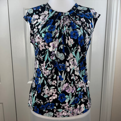Liz Claiborne Women's Floral Pleated Neck Cap Sleeve Blouse Black Blue Size S