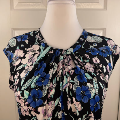 Liz Claiborne Women's Floral Pleated Neck Cap Sleeve Blouse Black Blue Size S