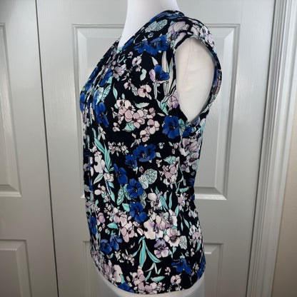 Liz Claiborne Women's Floral Pleated Neck Cap Sleeve Blouse Black Blue Size S
