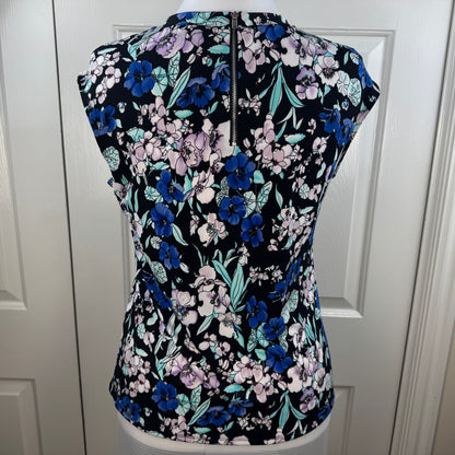 Liz Claiborne Women's Floral Pleated Neck Cap Sleeve Blouse Black Blue Size S