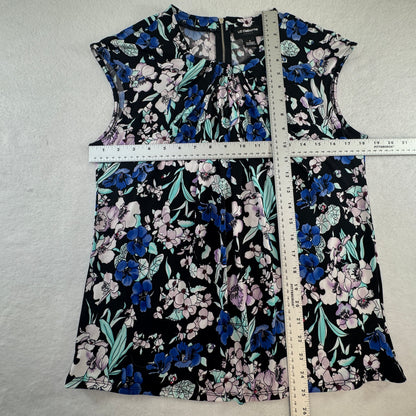 Liz Claiborne Women's Floral Pleated Neck Cap Sleeve Blouse Black Blue Size S