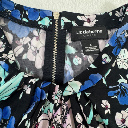 Liz Claiborne Women's Floral Pleated Neck Cap Sleeve Blouse Black Blue Size S