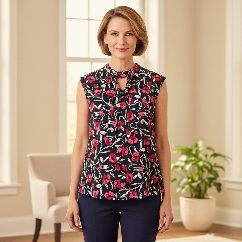 A woman modeling a sleeveless black blouse with a vibrant pink and red floral pattern and a keyhole tie neckline, paired with navy pants in a bright, modern room.