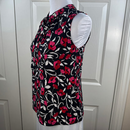 Liz Claiborne Women's Floral Tie Neck Sleeveless Blouse Black Pink Size XS