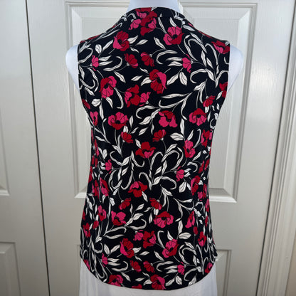 Liz Claiborne Women's Floral Tie Neck Sleeveless Blouse Black Pink Size XS