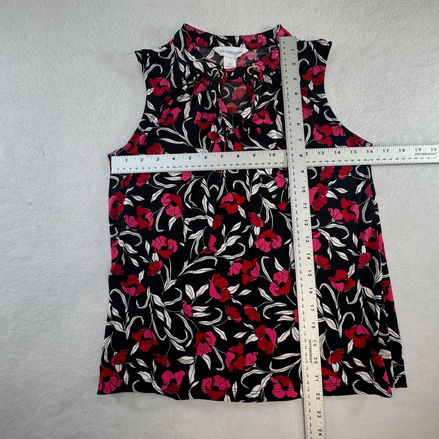Liz Claiborne Women's Floral Tie Neck Sleeveless Blouse Black Pink Size XS