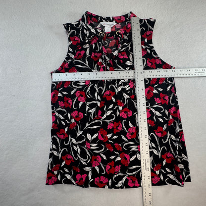 Liz Claiborne Women's Floral Tie Neck Sleeveless Blouse Black Pink Size XS