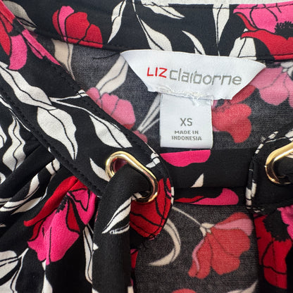 Liz Claiborne Women's Floral Tie Neck Sleeveless Blouse Black Pink Size XS