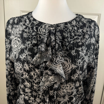 LOFT Women's Black White Floral Ruffle Blouse Metallic Thread Size XL